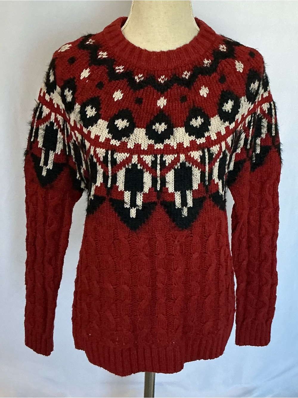 FatFace Red Fair Isle Cable-Knit Crewneck Sweater US 6